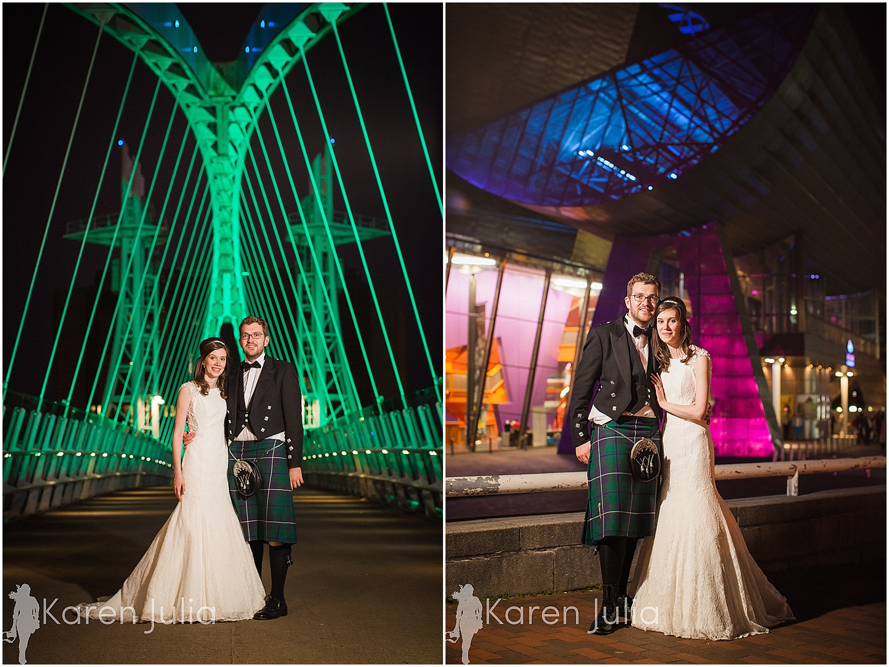 wedding couple portrait on bridge near lowry theatre at night