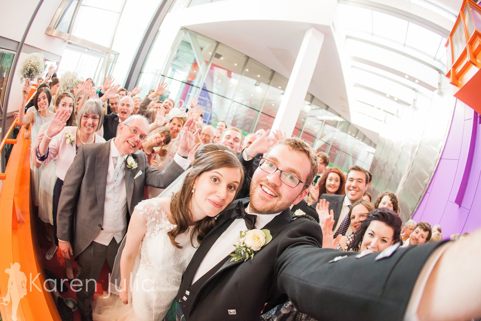 lowry theatre group shot selfie on orange bridge