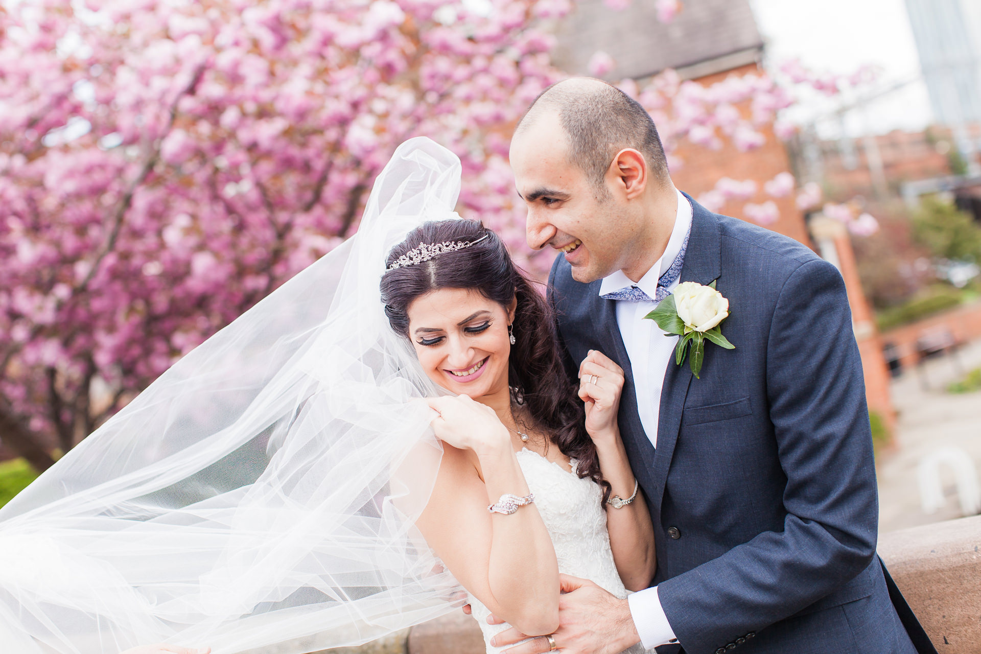 bride and groom castlefield rooms cherry blossom