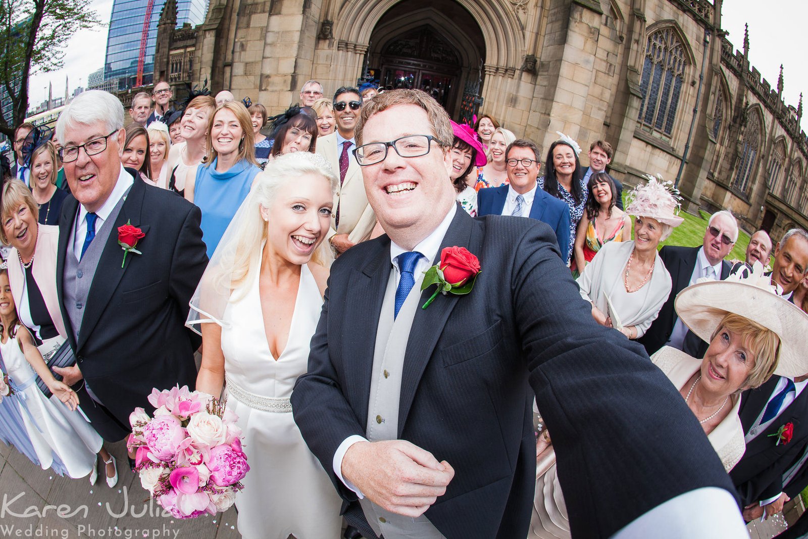 group shot selfie outside the cathedral