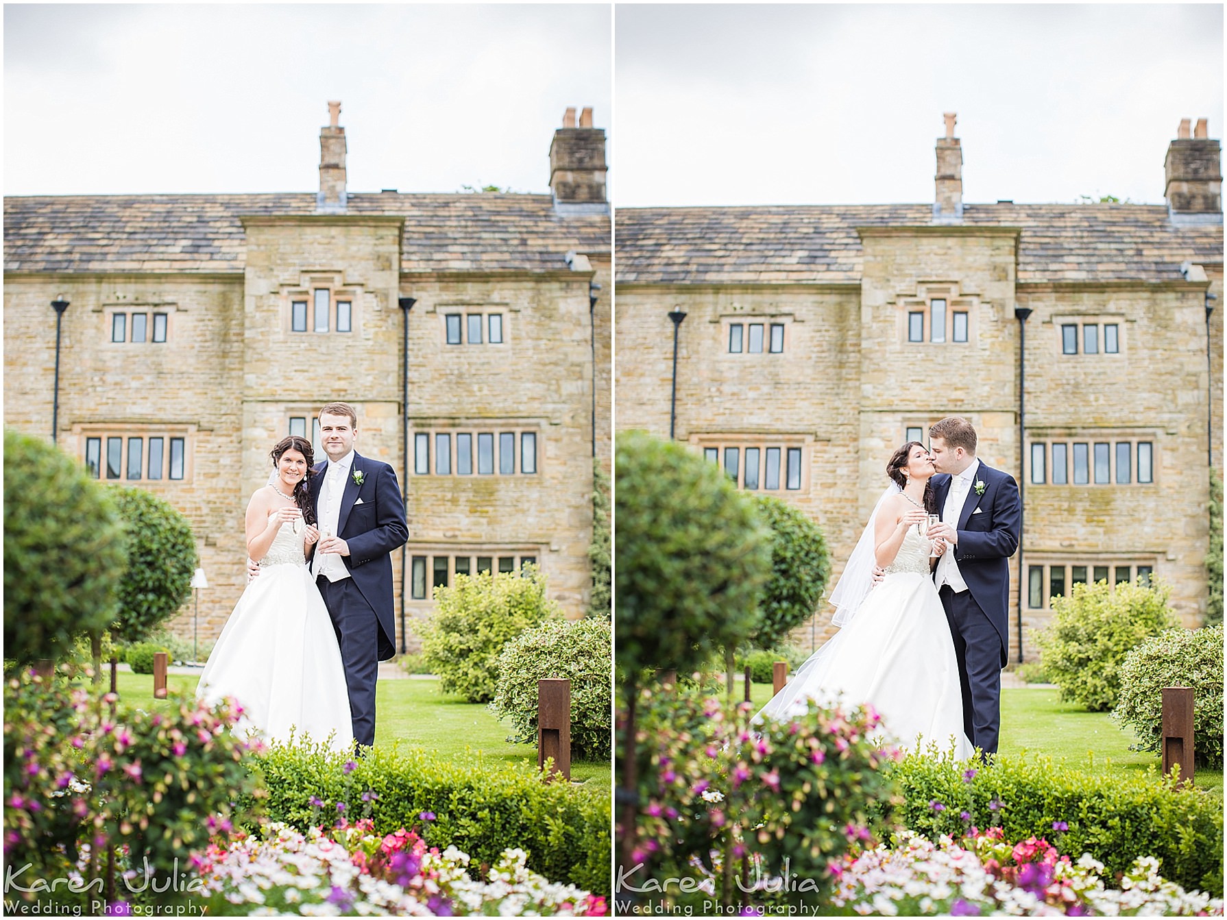 bride and groom portraits in the gardens at Stanley House Hotel