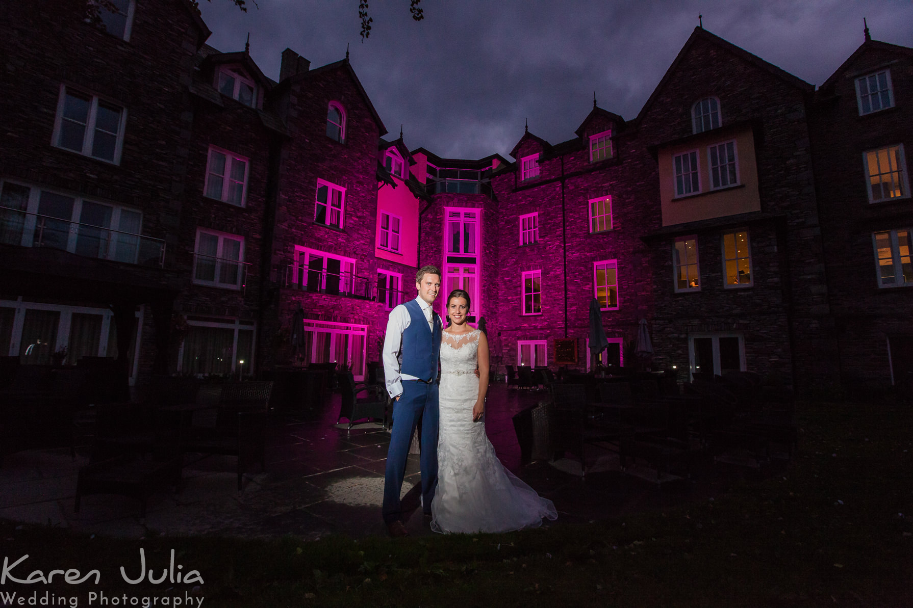 evening bride and groom portrait outside the Daffodil Hotel & Spa 