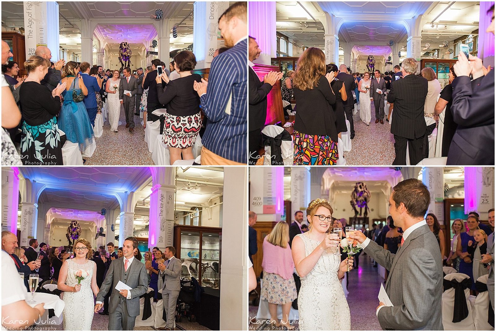 bride and groom walk up aisle together after wedding