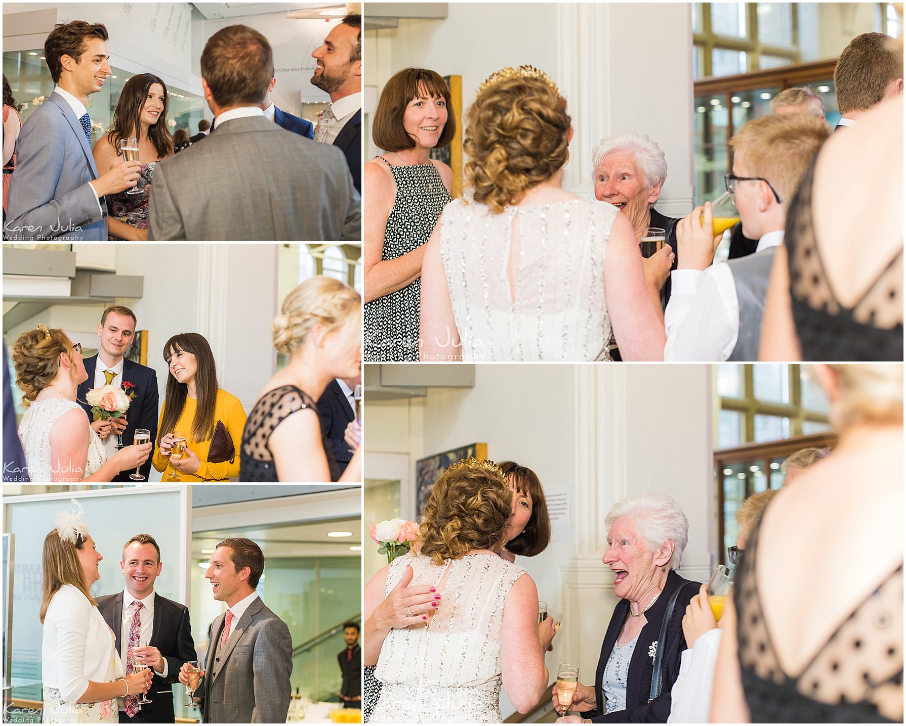guests enjoy post wedding drinks in the fossil room at Manchester Museum