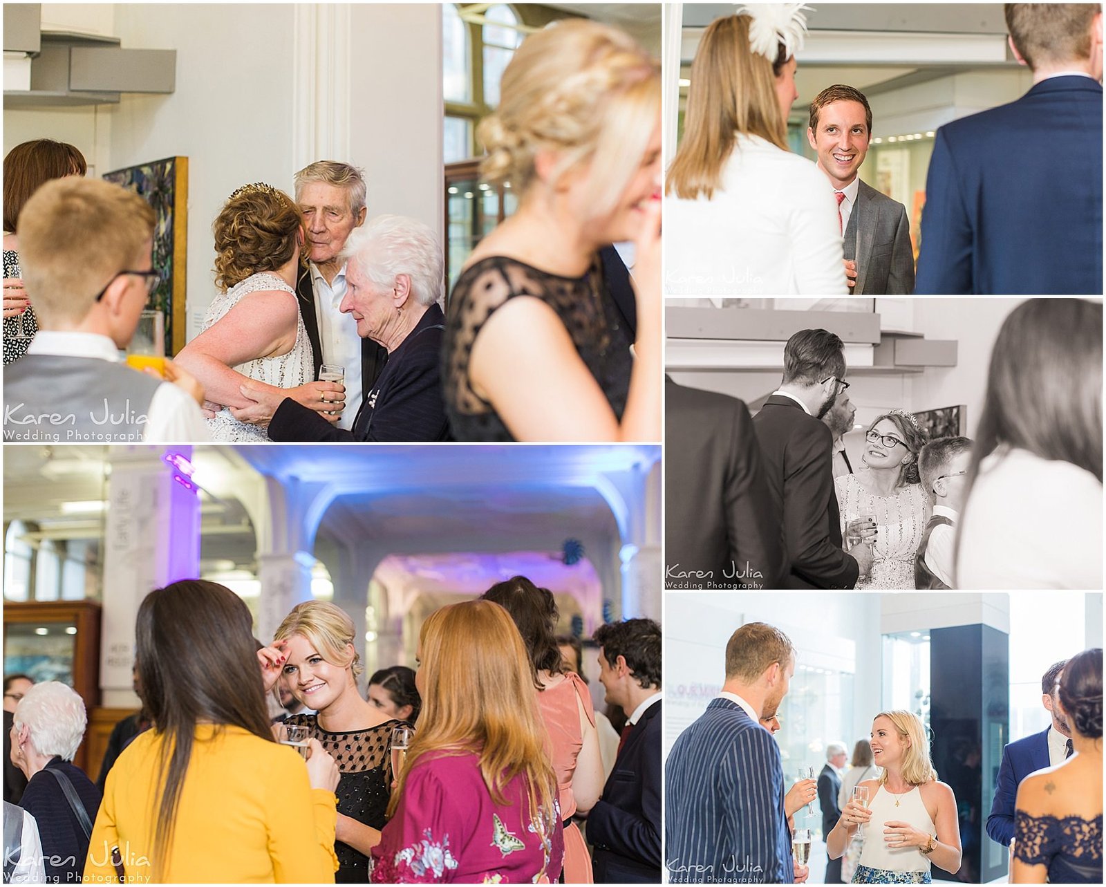 guests enjoy post wedding drinks in the fossil room at Manchester Museum