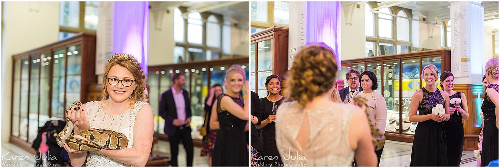 bride holds a snake at her wedding in Manchester museum