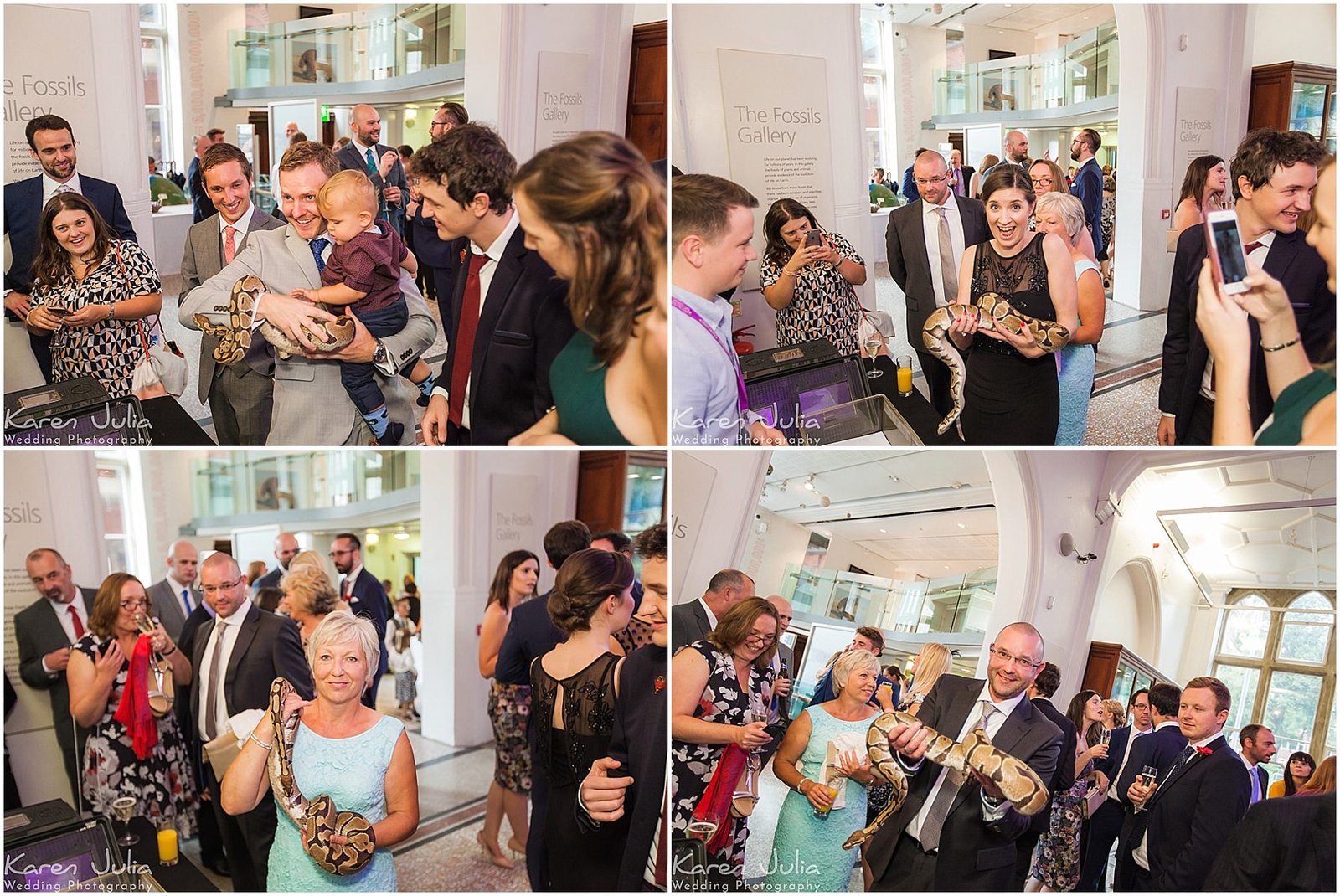 bride and groom with a gecko at their Manchester Museum wedding