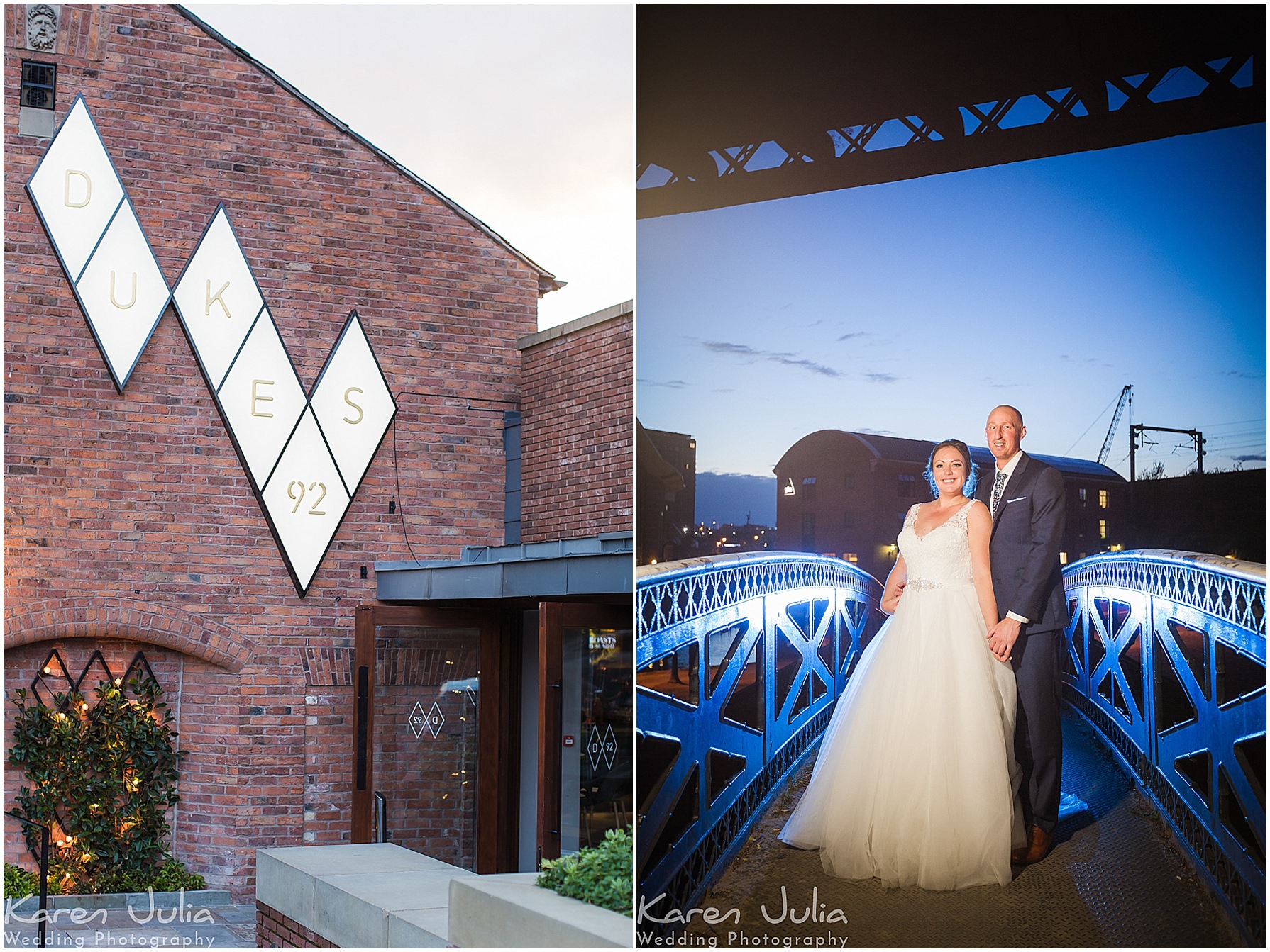 bride and groom night portrait with metal bridge in Castlefield lit up in blue