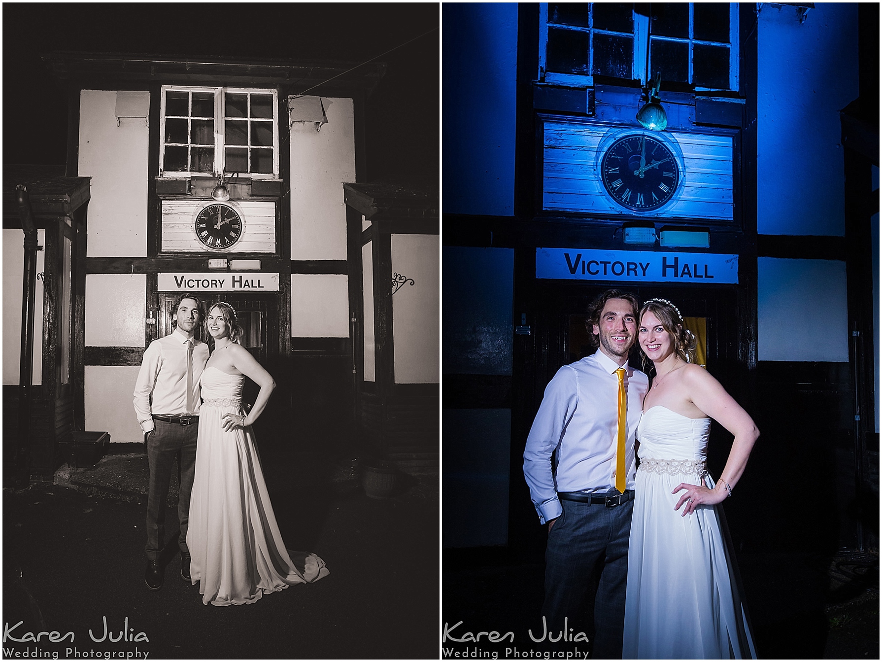 bride and groom pose for night portrait outside victory hall in Mobberley