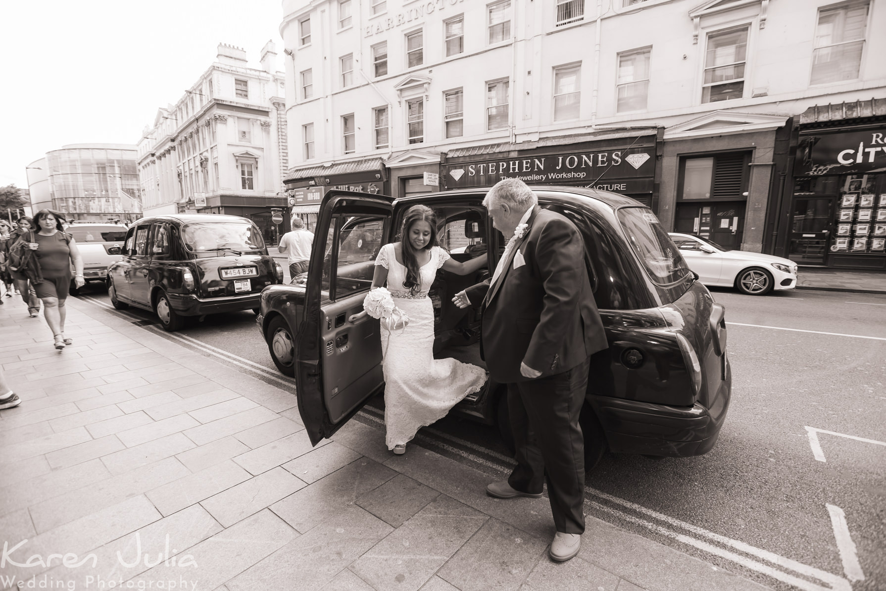 bride arrives at the Hard Day's Night hotel by taxi with her Dad