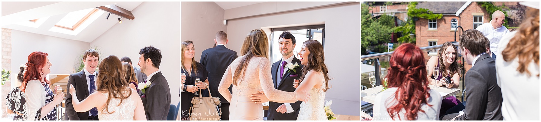 bride and groom greet guests during wedding day drinks reception