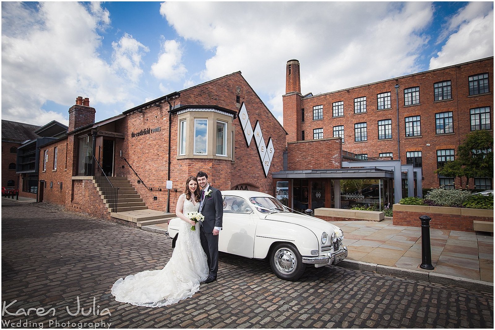 bride and groom portrait with vintage SAAB