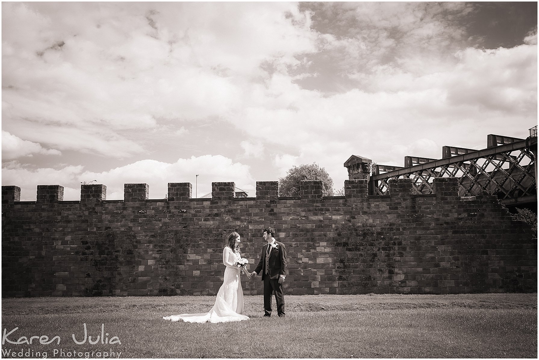 black and white portrait of bride and groom in castlefield