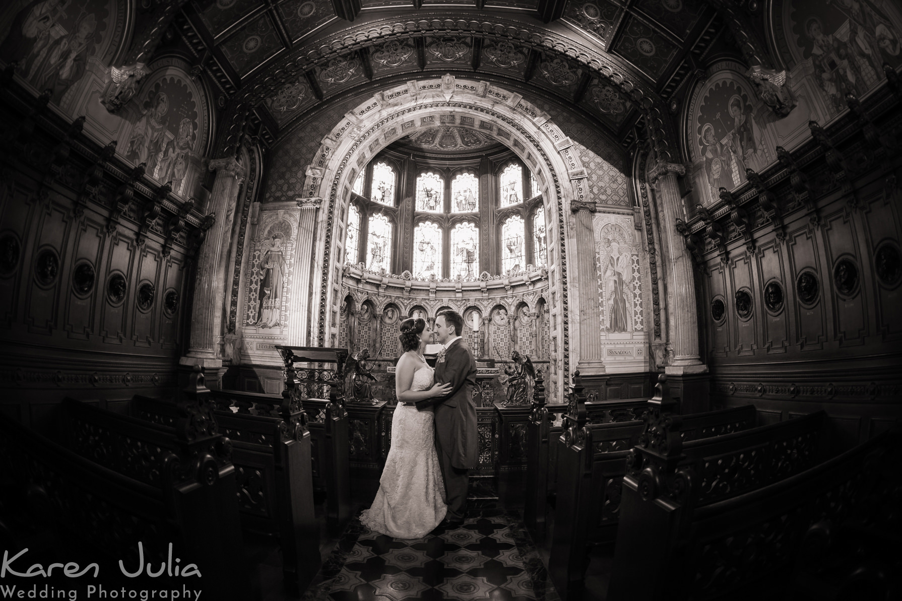 bride and groom in the chapel at Crewe Hall