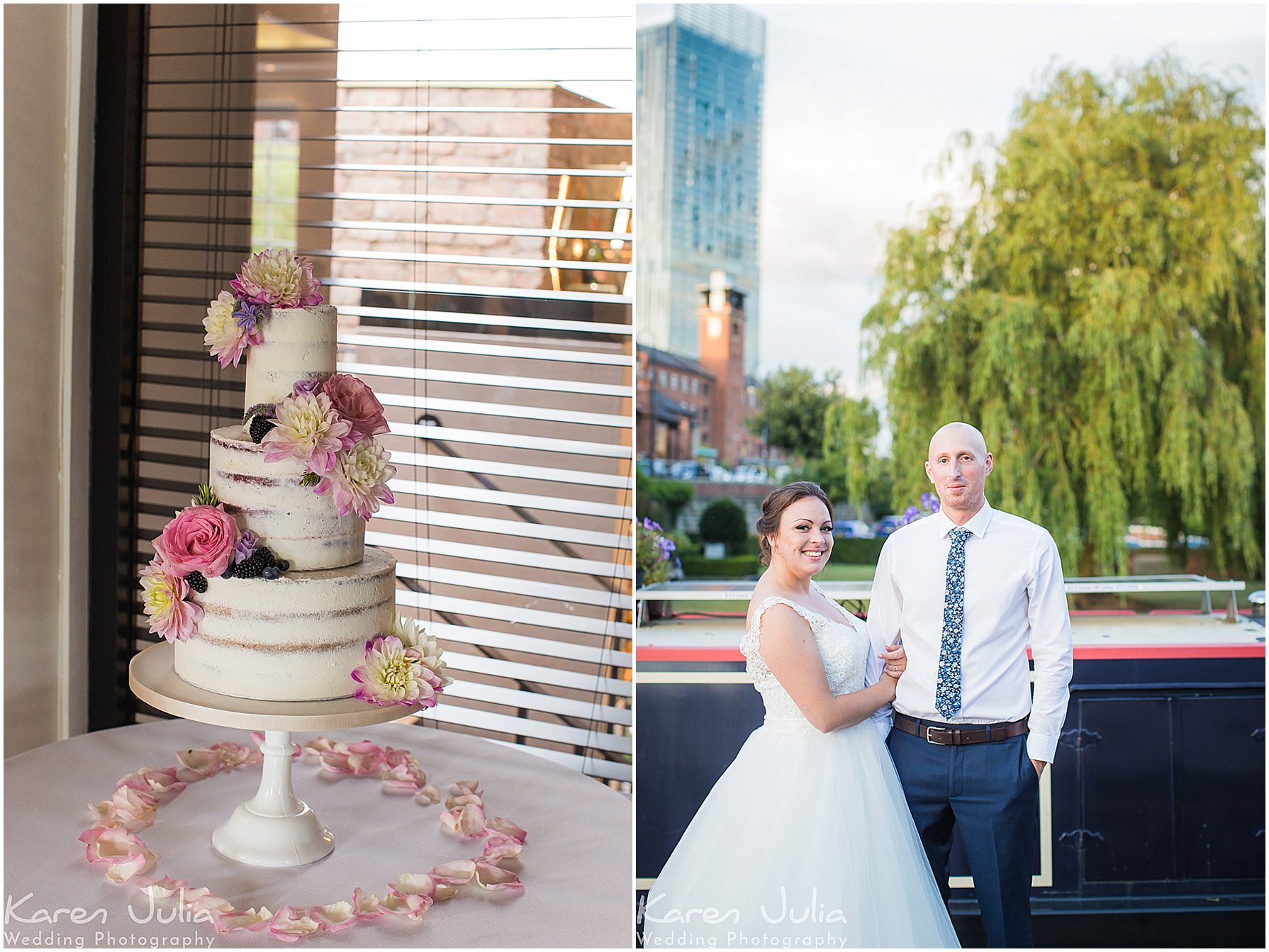 photos showing wedding cake in the Brindley Room, Castlefield Rooms and a couple portrait