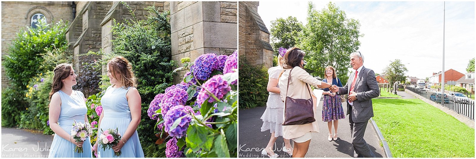 bridesmaids and guests arrive at St Matthews Church, Little lever in Bolton