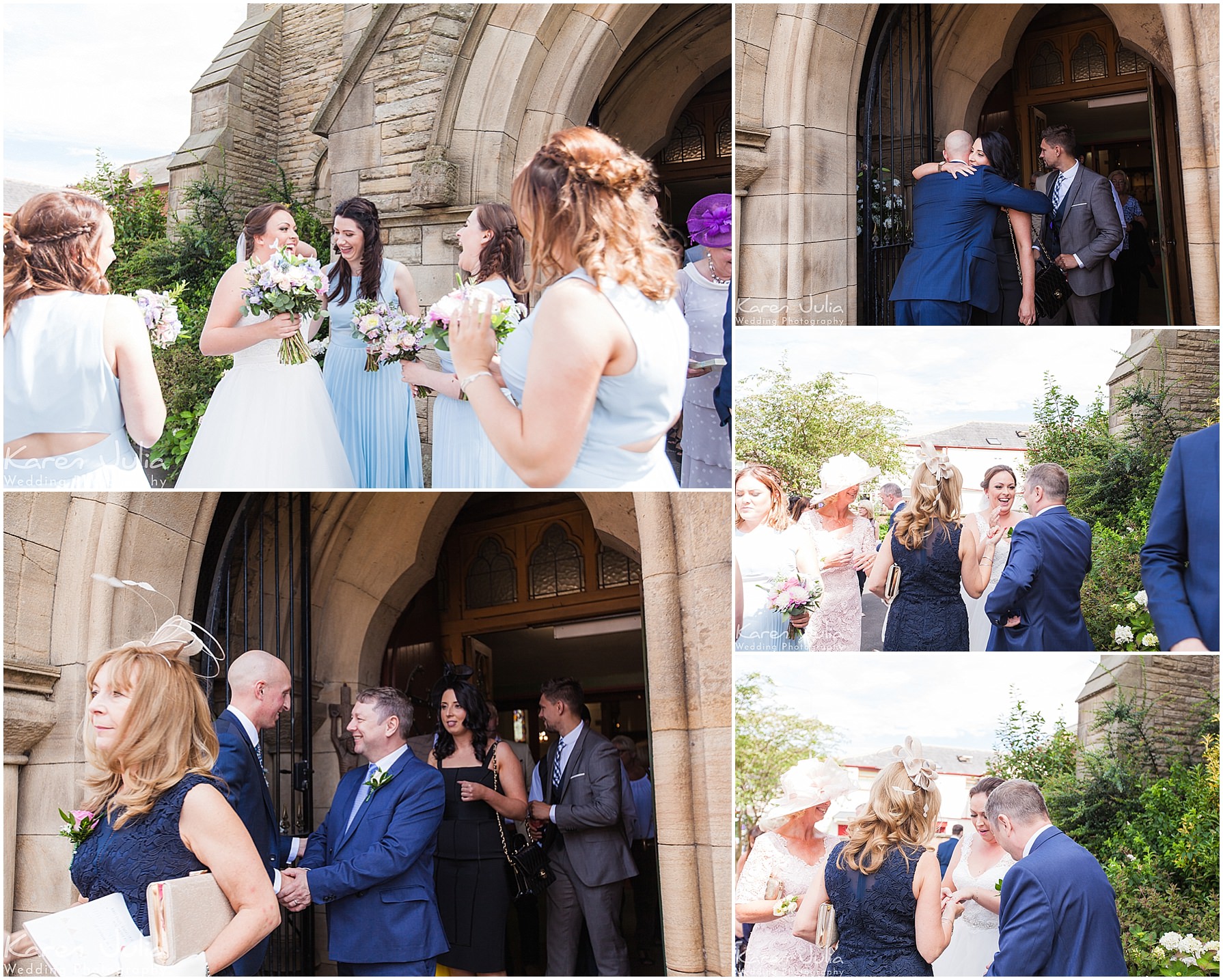 documentary wedding photography of couple greeting guests outside Little Lever Church, Bolton