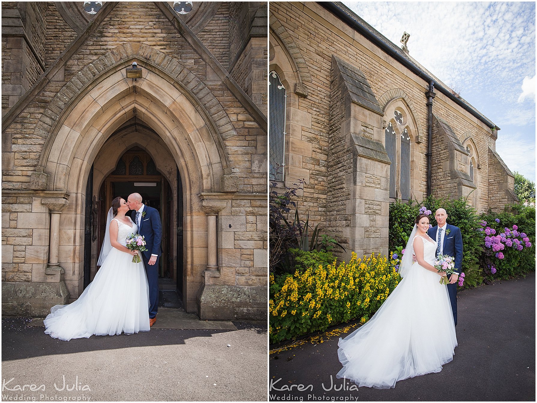 bride and groom couple portrait on their wedding day outside St Matthews Church Bolton