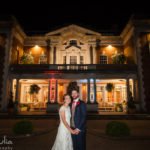 bride and groom portrait at night at Eaves Hall