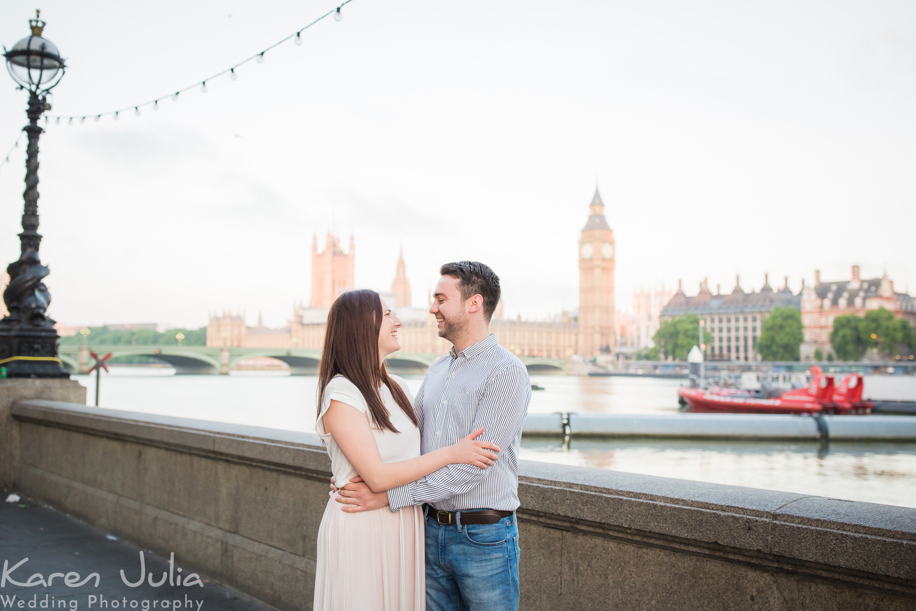 couple portrait during a pre wedding shoot in London with Big Ben in the background