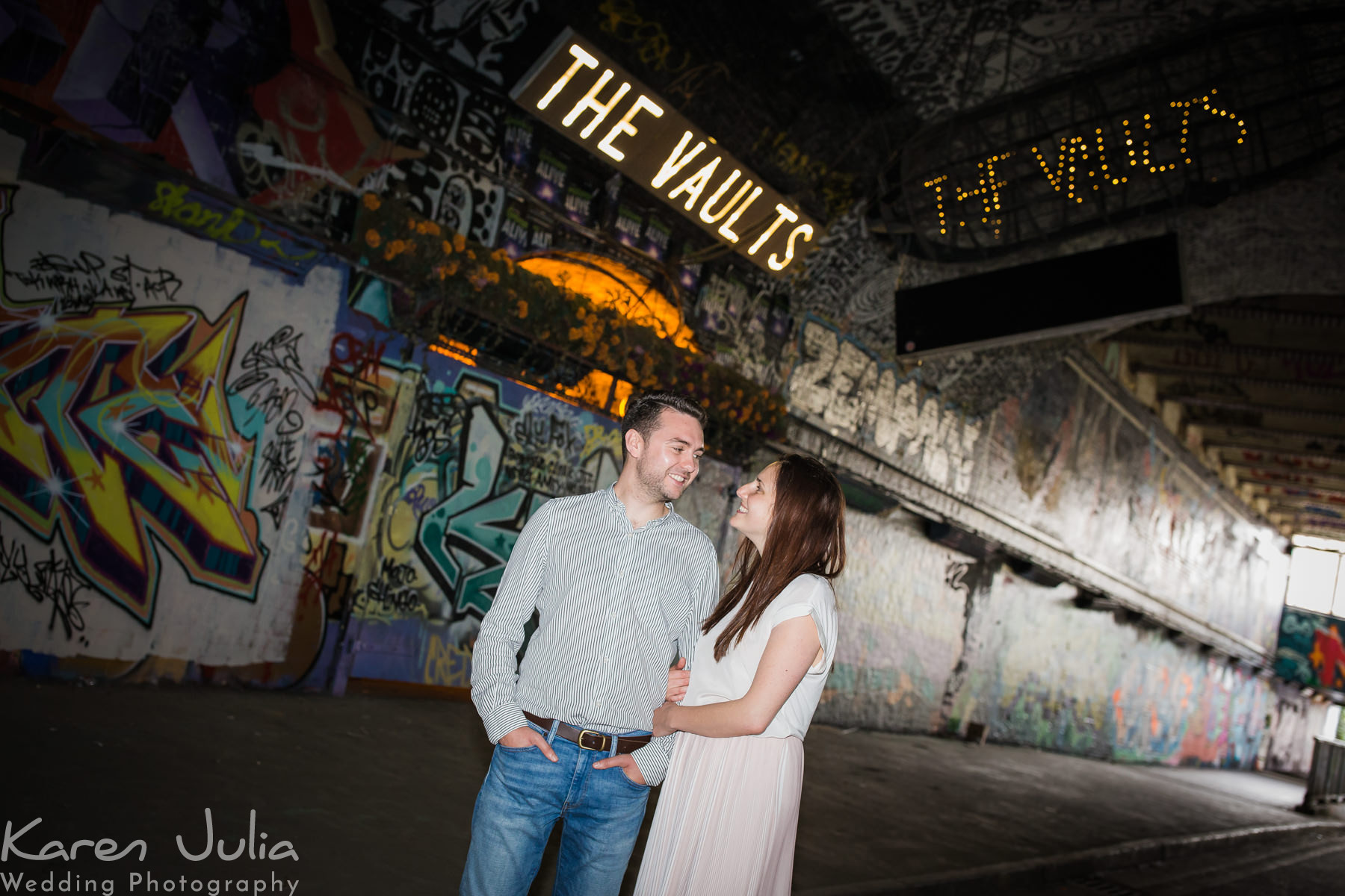 couple portraits at the vaults during their London pre-wedding shoot