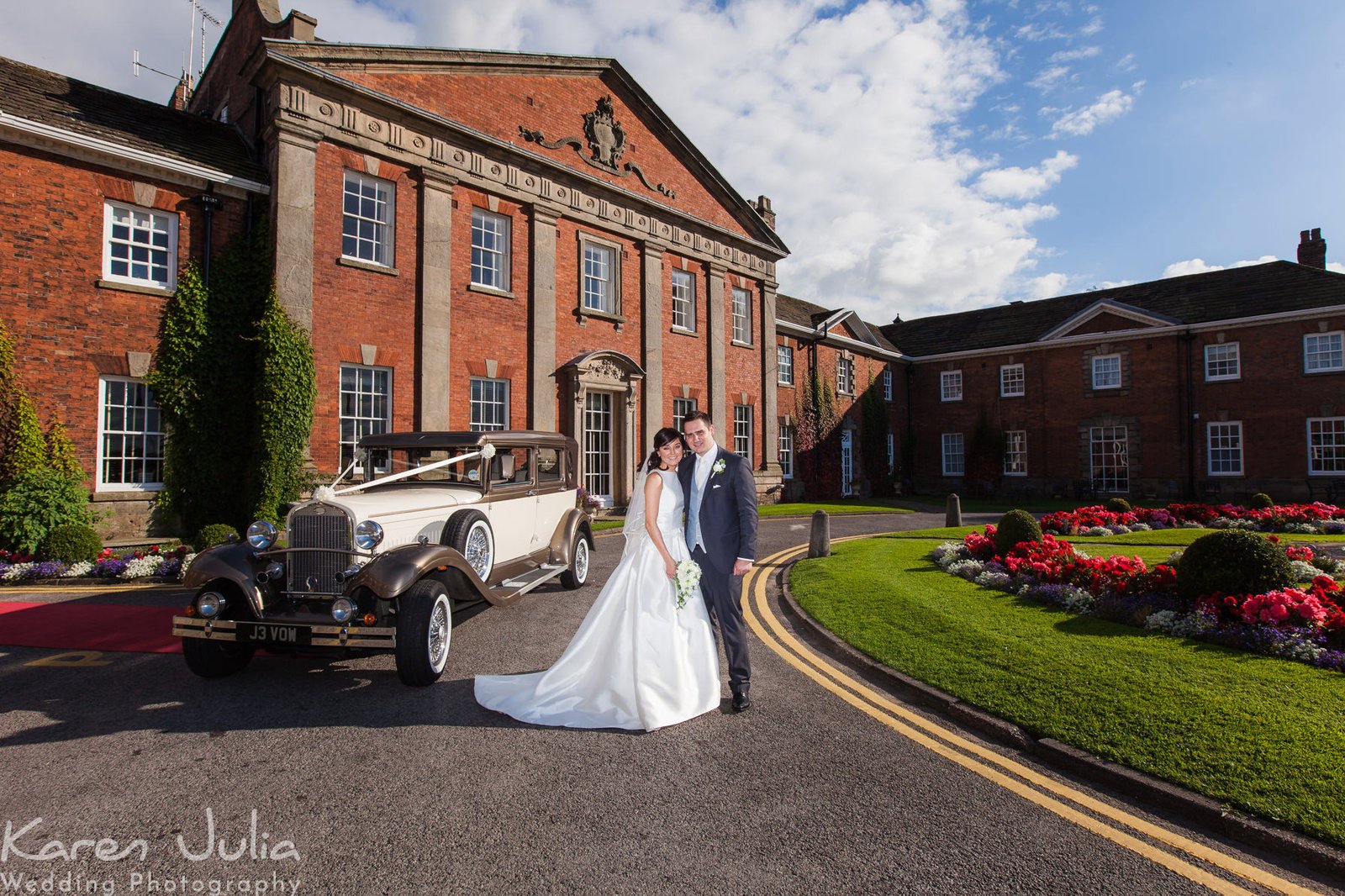 bride and groom portrait at Mottram Hall Autumn Wedding by Karen Julia Photography