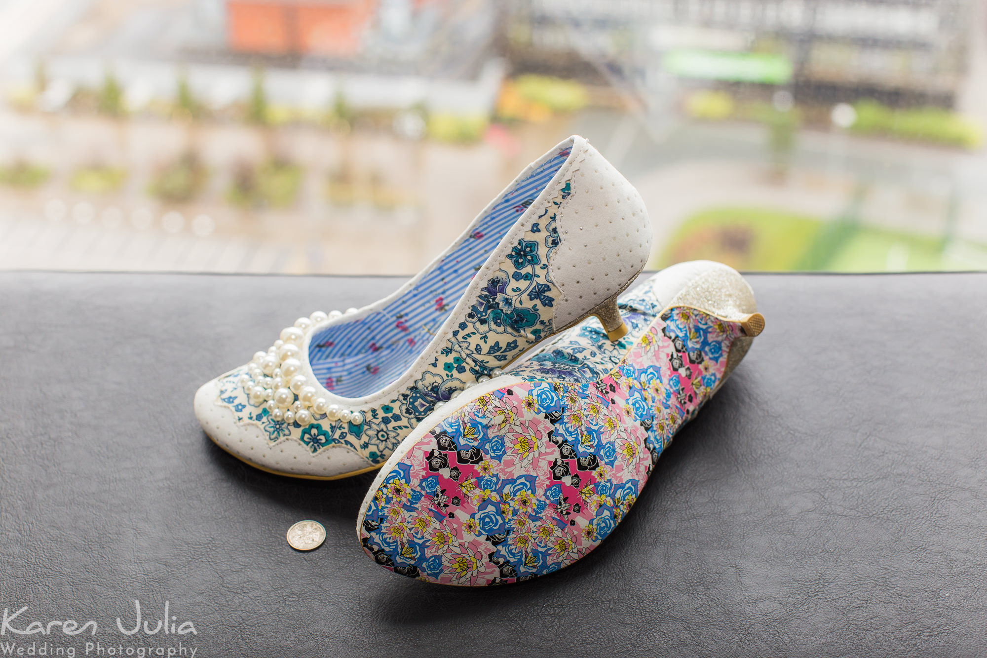 irregular choice shoes worn by bride on her wedding day at her winter Lowry Theatre wedding