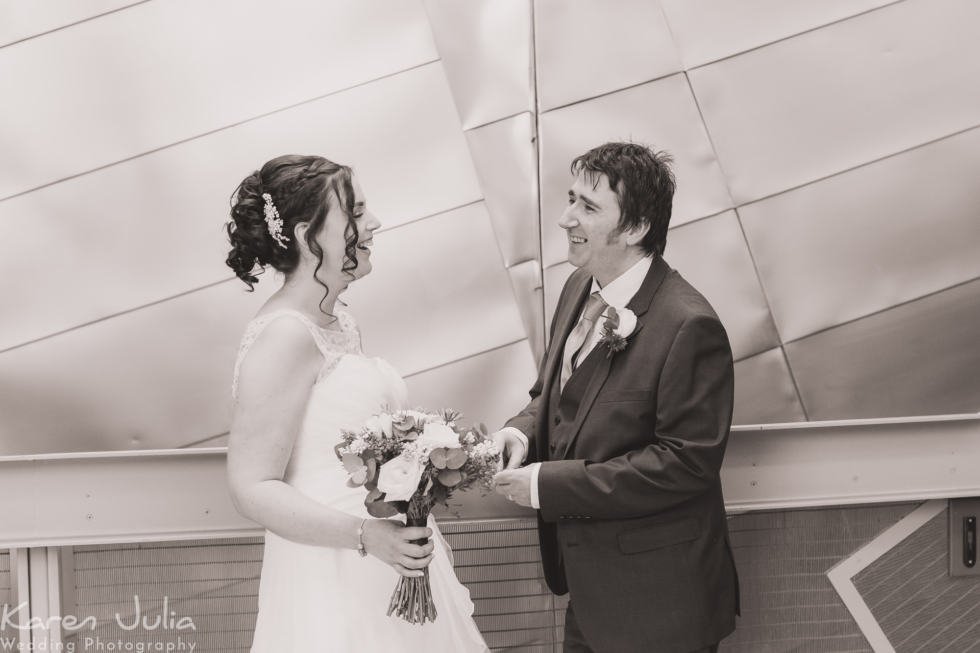 bride and groom portraits at the Lowry Theatre