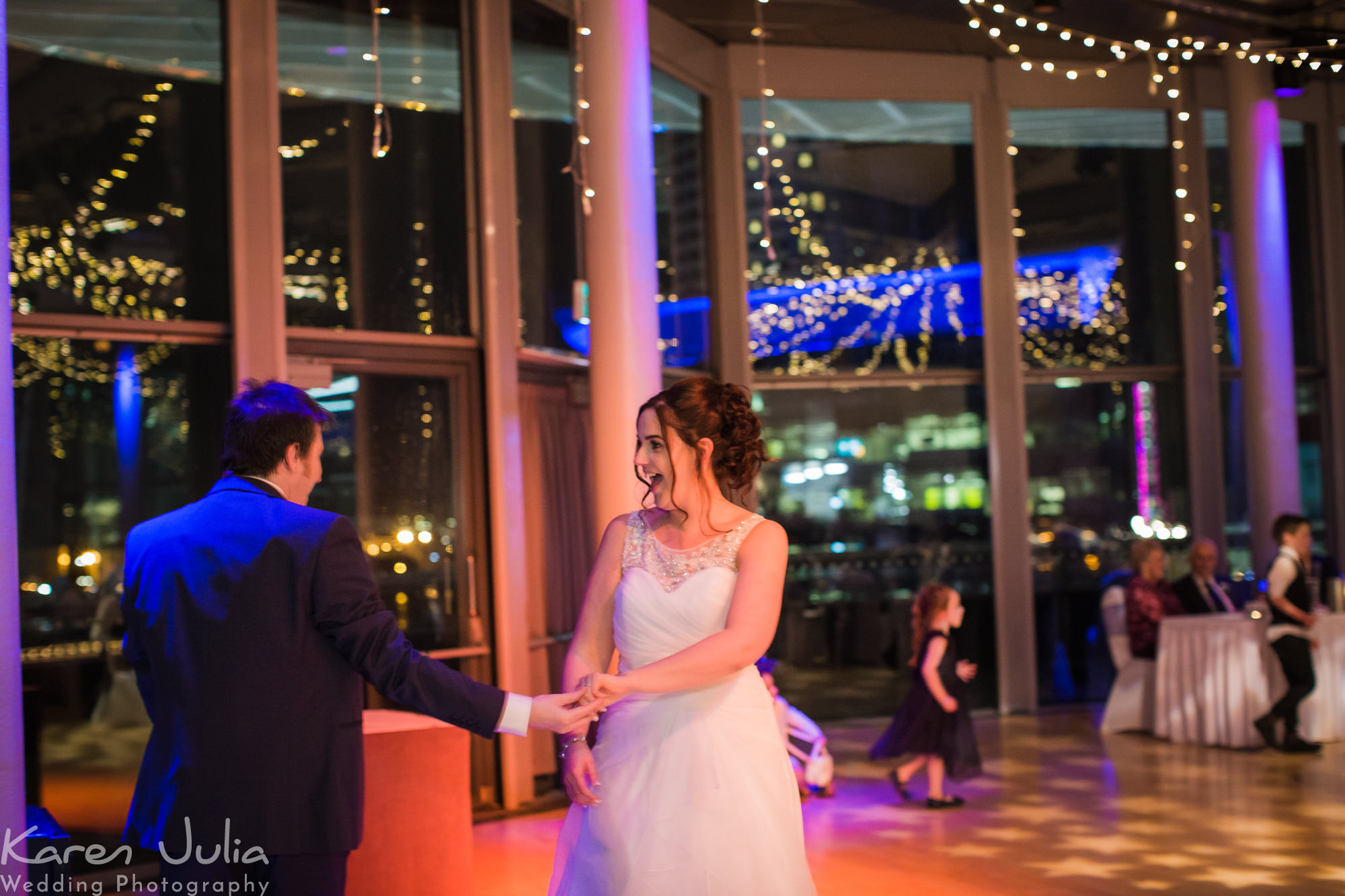 bride and groom first dance at the Lowry Theatre by Karen Julia