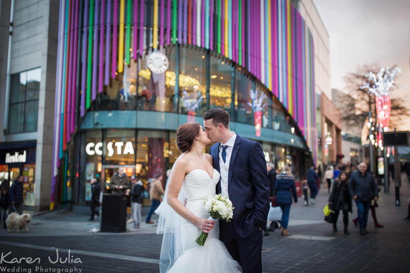 bride and groom portrait on wedding day in Liverpool city centre