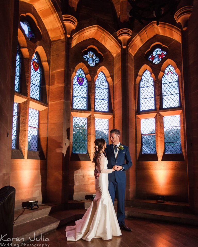 bride and groom portrait at their Peckforton Castle Fairytale Summer Wedding