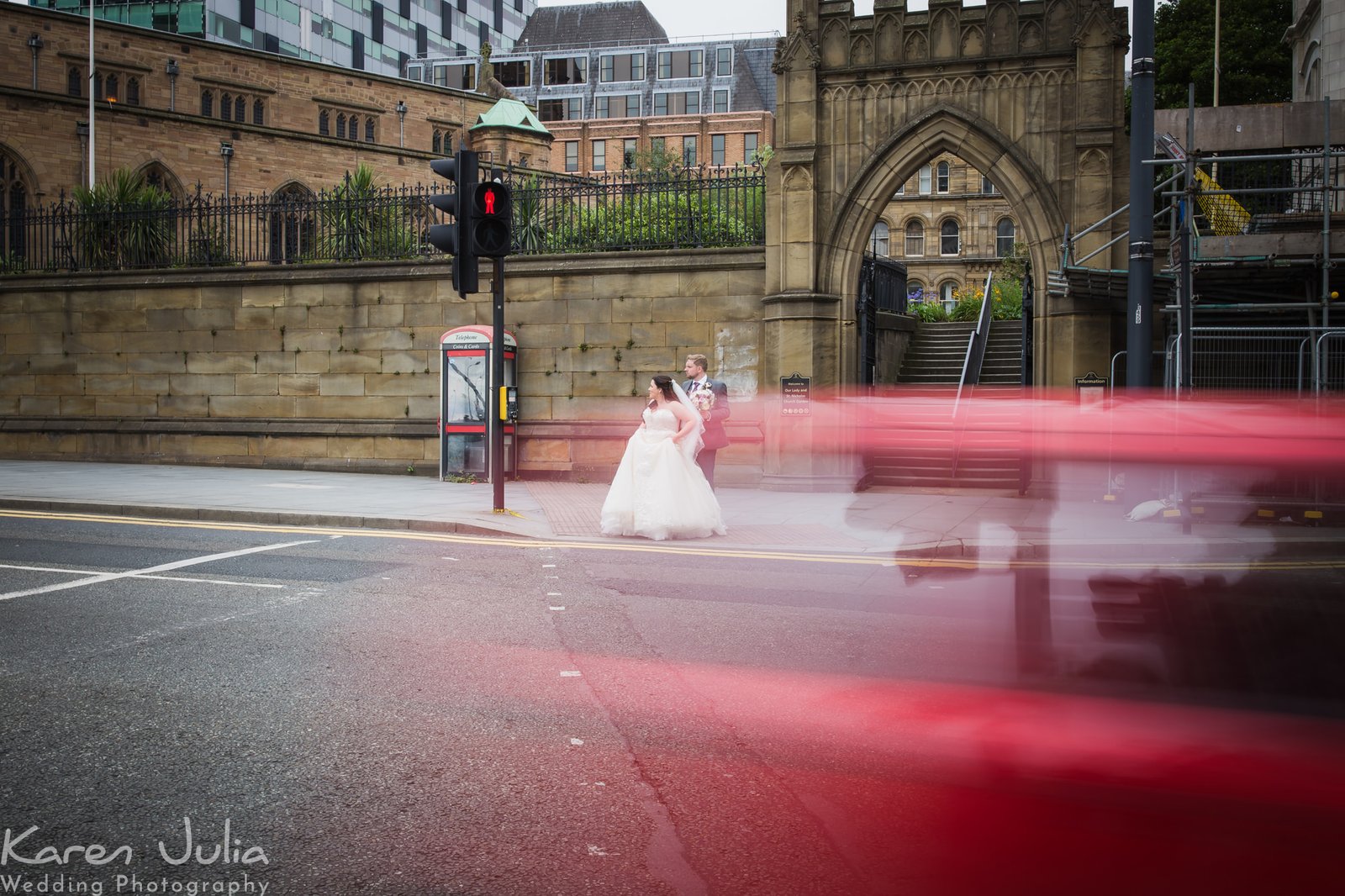 bride and groom portrait with traffic