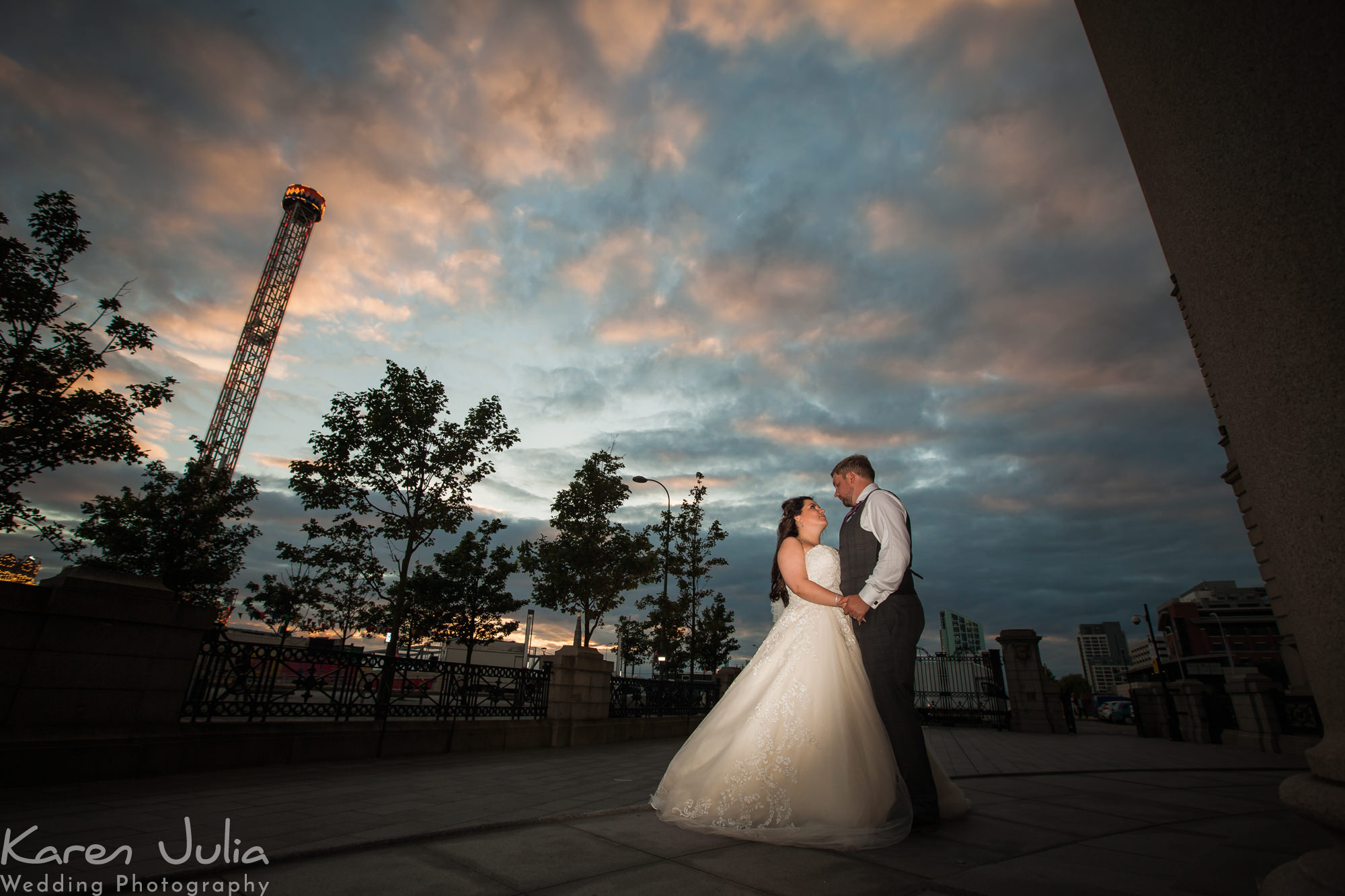 sunset bride and groom portrait outside the Royal Liver Building