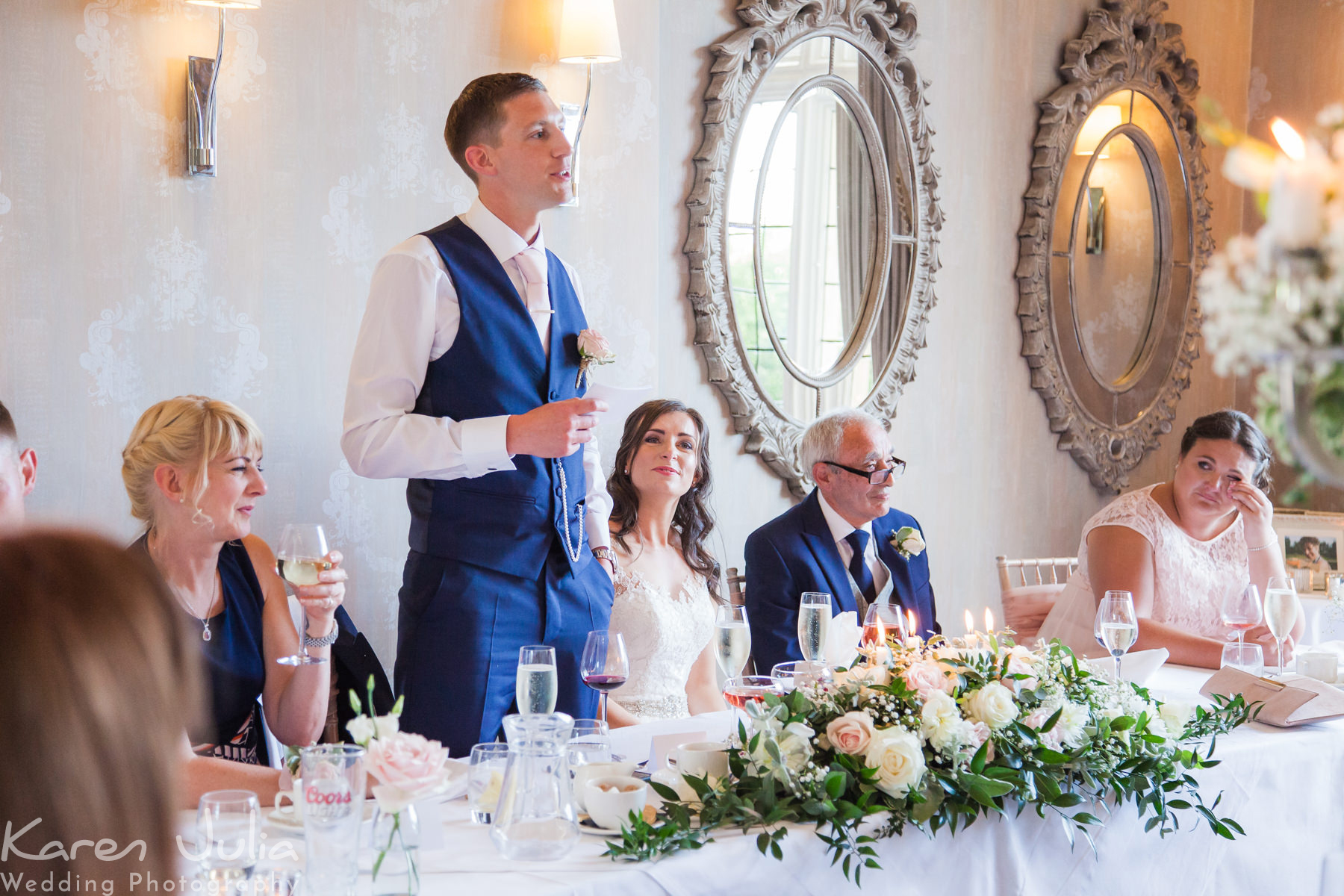 groom makes his speech after the wedding breakfast at Falcon Manor