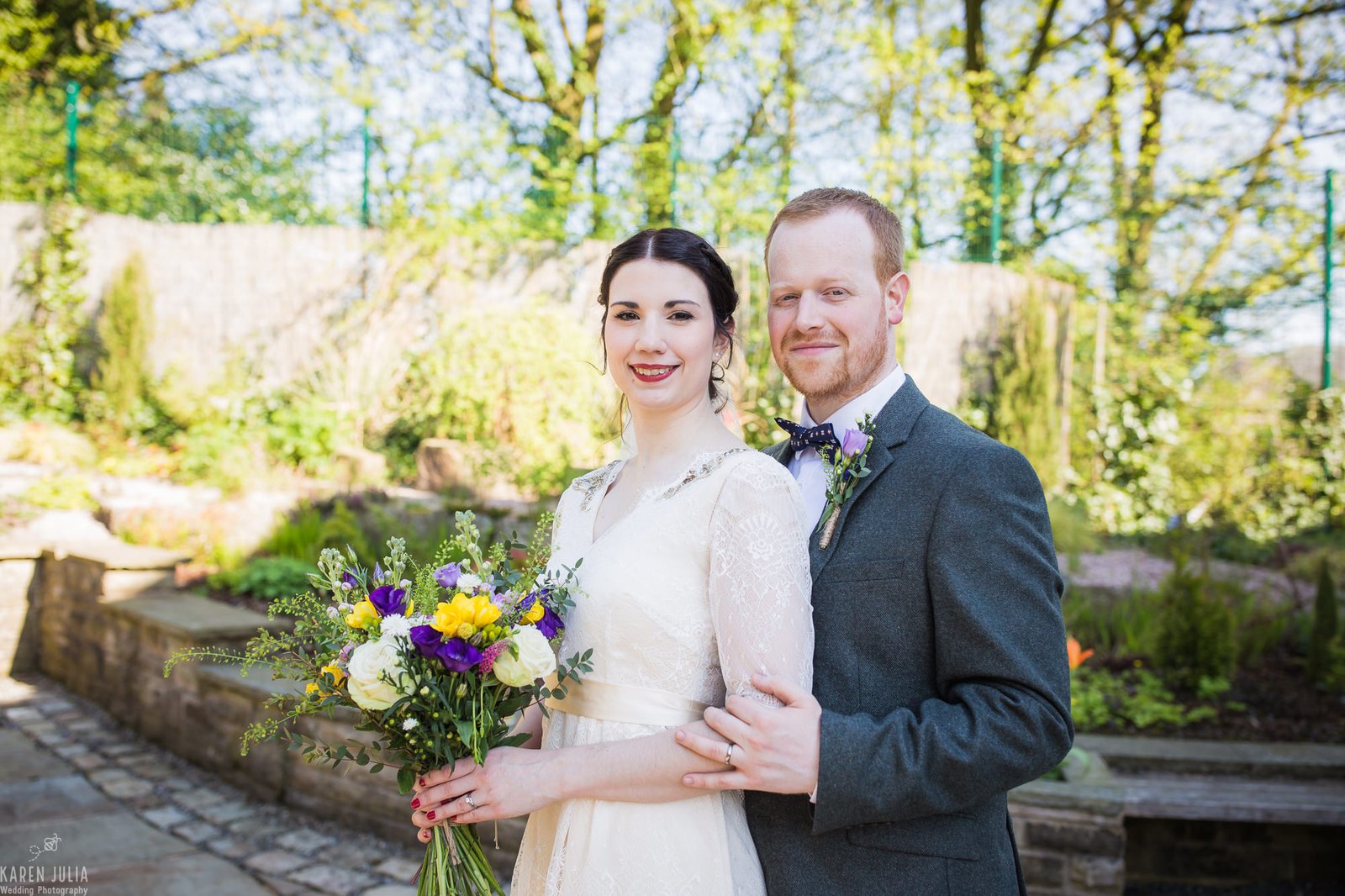 bride and groom portrait in the gardens at Ramsbottom Civic Hall