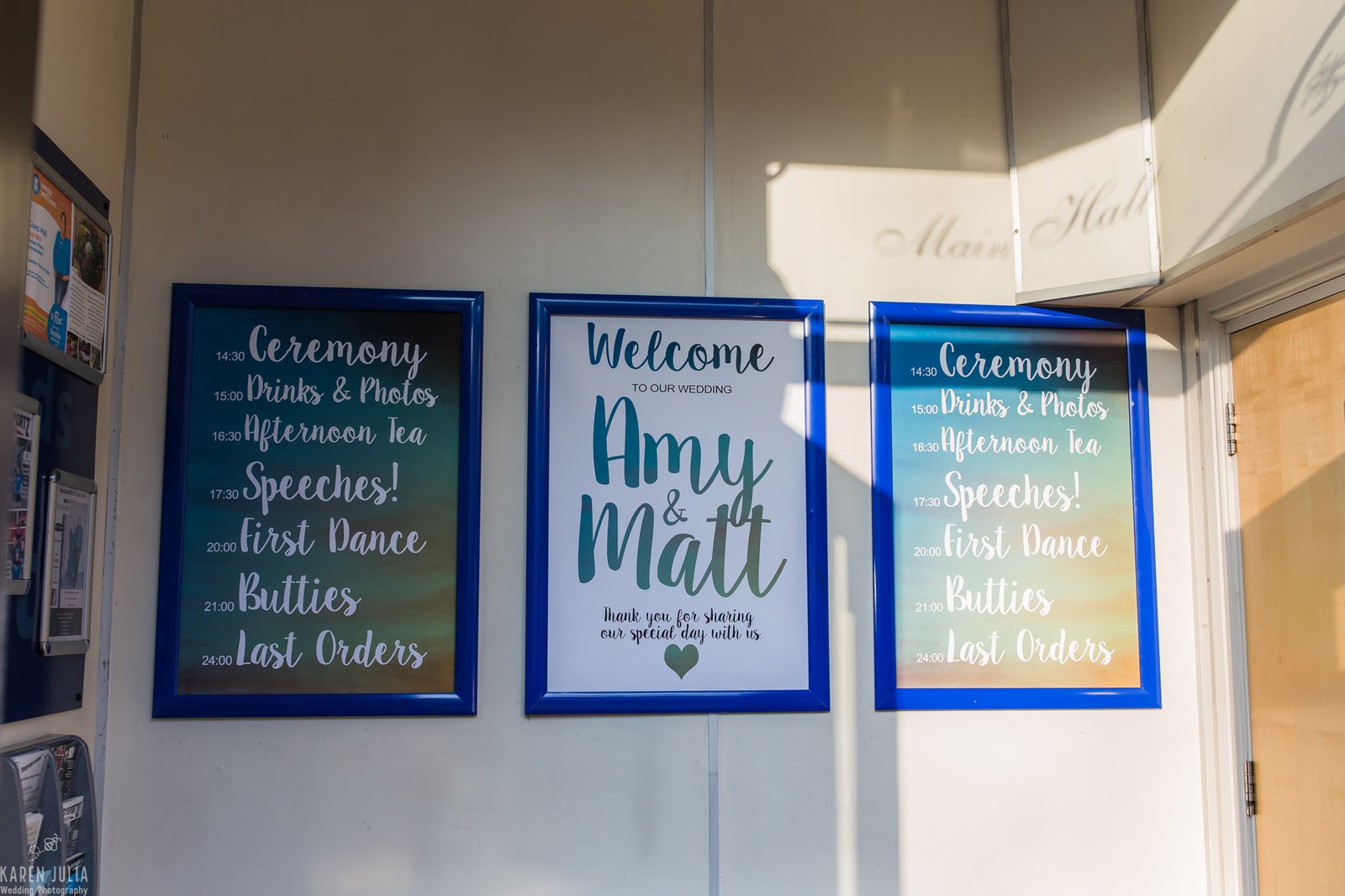 couple wedding event posters at Amy & Matt's Rustic Wildflower Ramsbottom Civic Hall Wedding