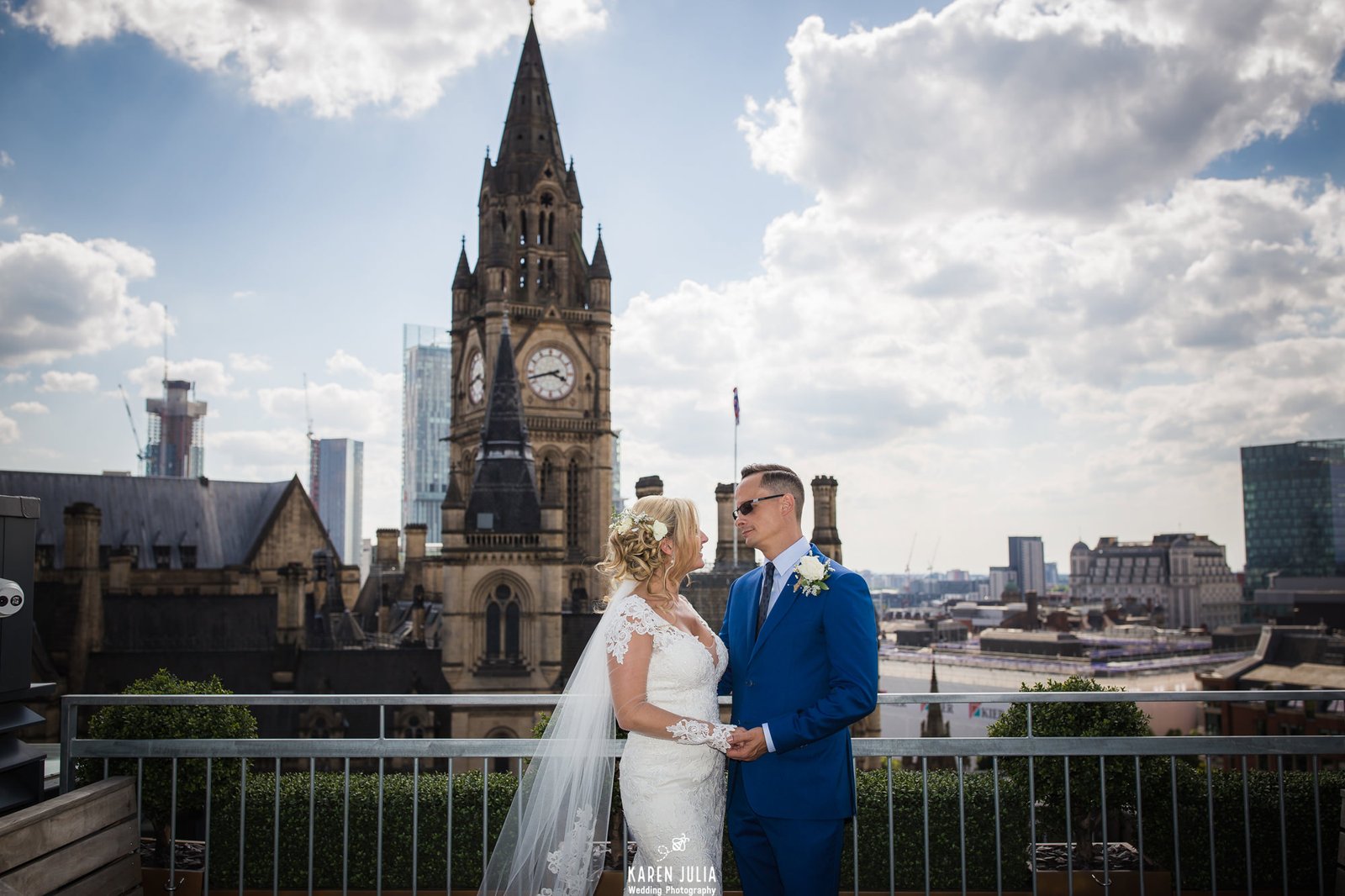 bride and groom on the roof terrace at their King Street Townhouse Wedding