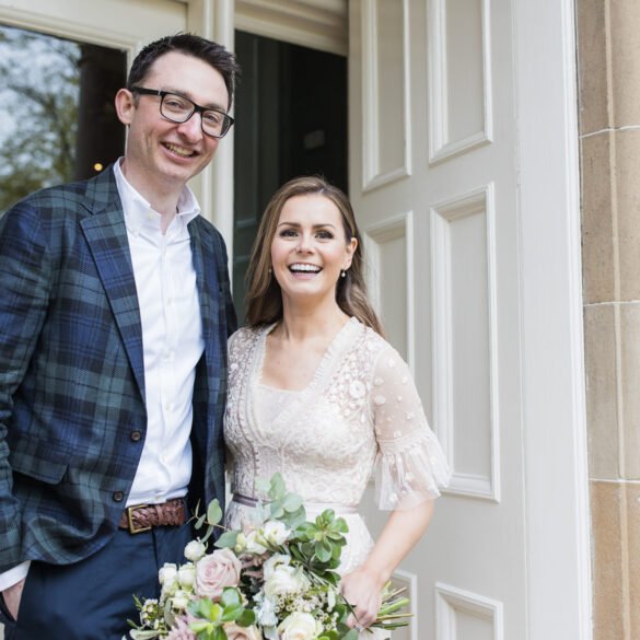 bride and groom portrait outside One Devonshire Gardens on their wedding day