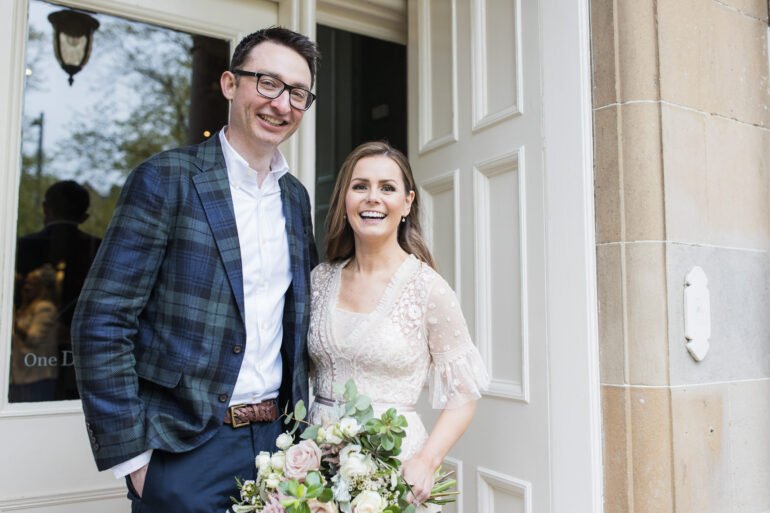 bride and groom portrait outside One Devonshire Gardens on their wedding day