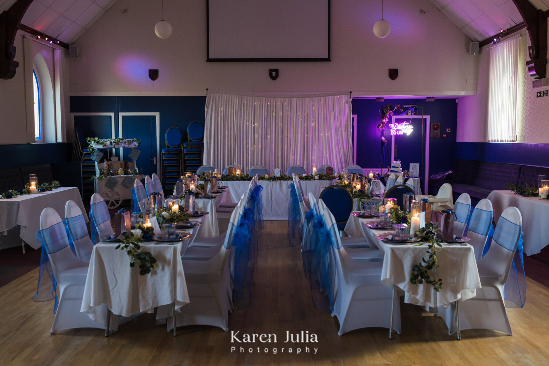 Rutherglen Masonic Hall styled for a wedding reception with florals and blue accents