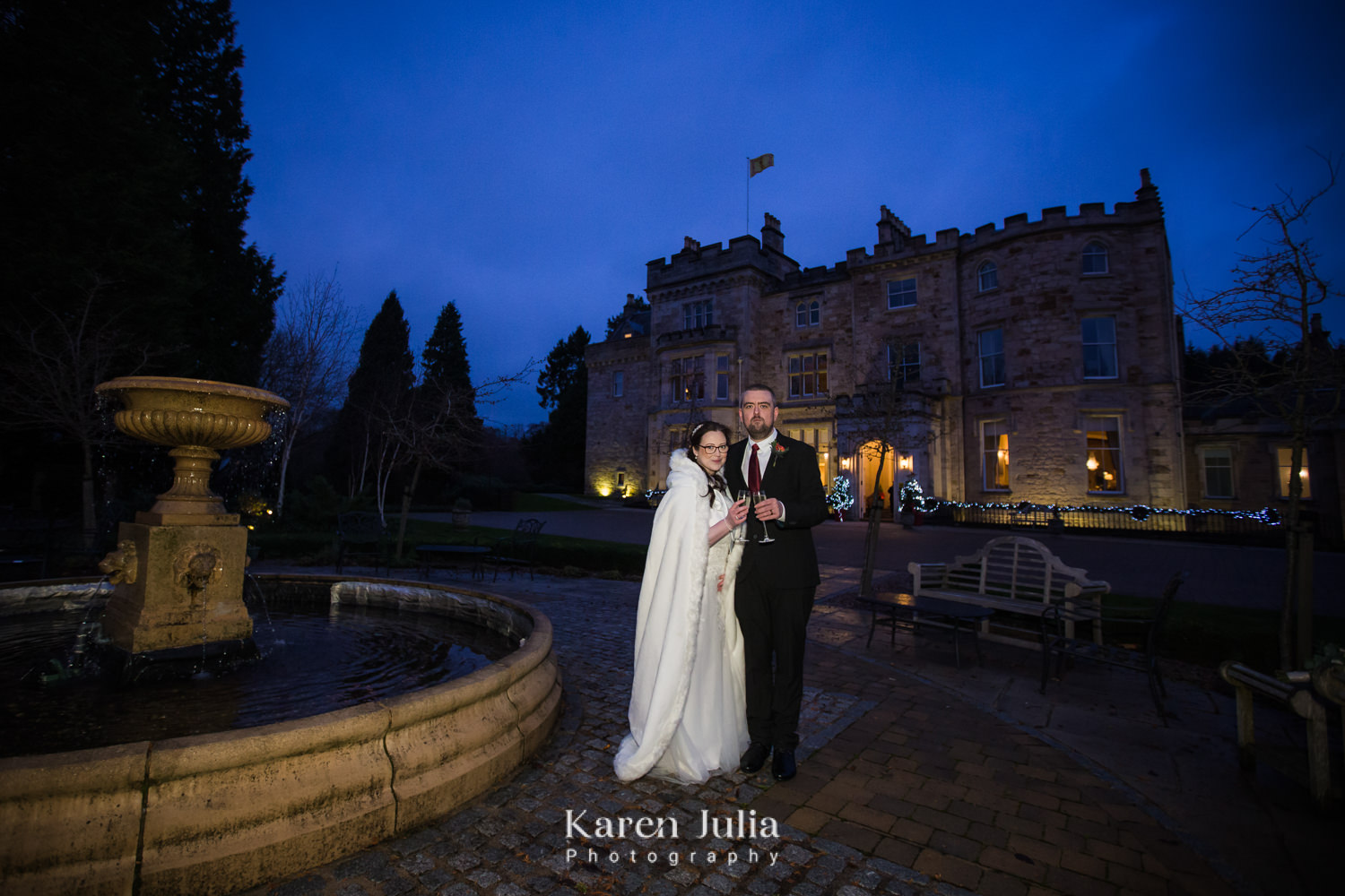 bride and groom portrait after sunset outside Crossbasket Castle