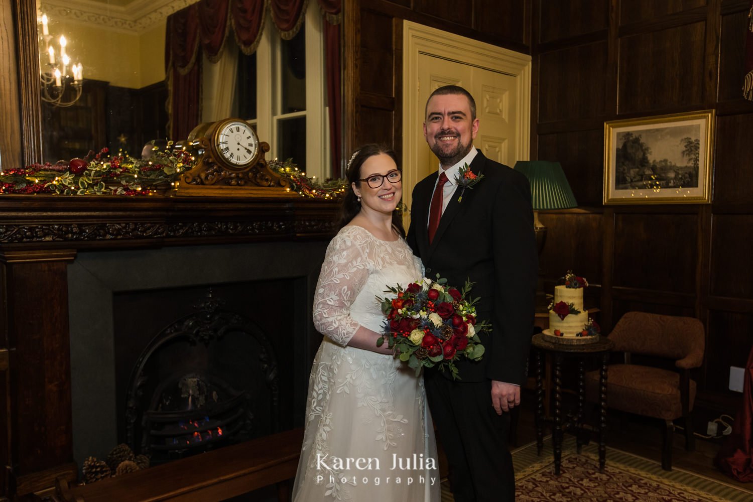 bride and groom next to the fireplace in Crossbasket Castle