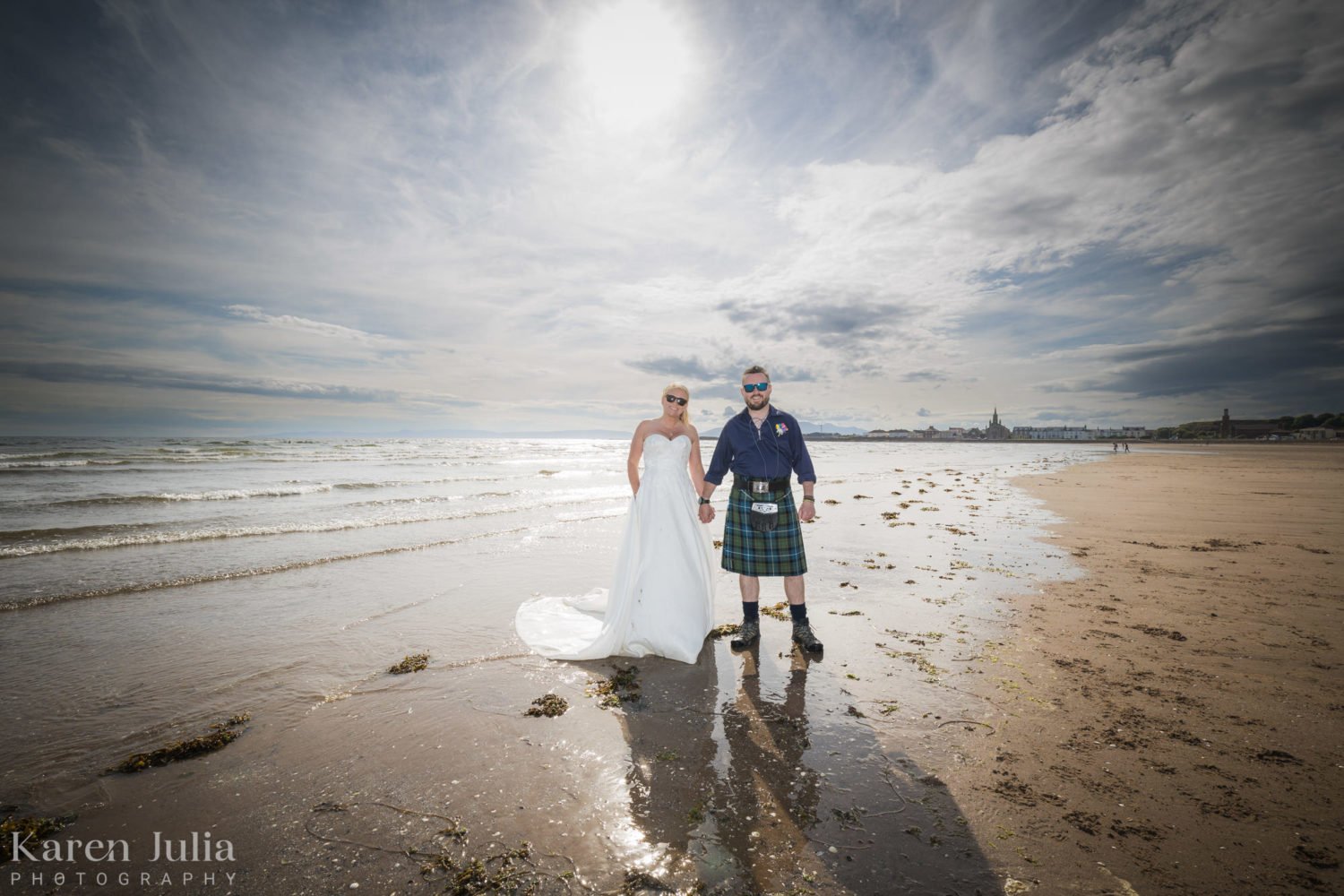 bride and groom wedding portrait on Ardrossan south beach