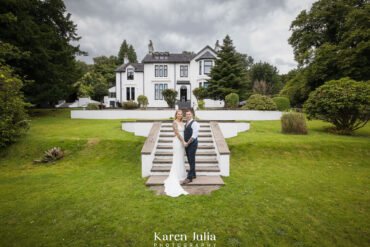 bride and groom wedding day portrait t their coastal villa in Argyll