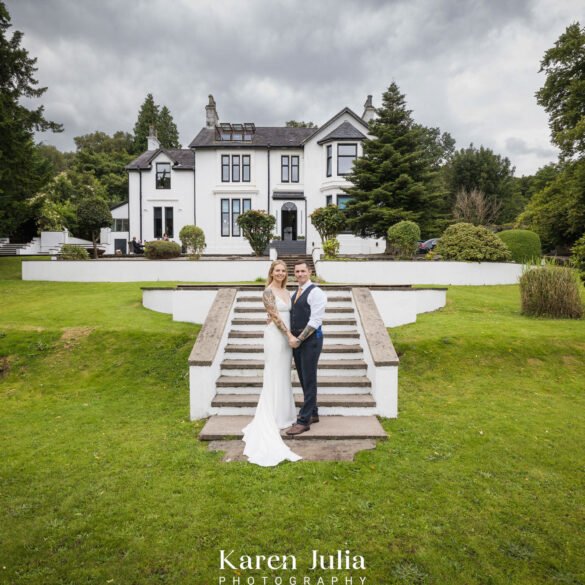 bride and groom wedding day portrait t their coastal villa in Argyll