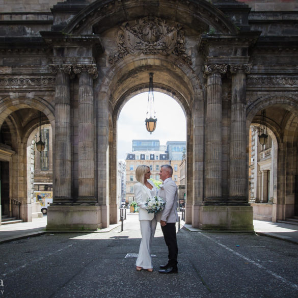 bride and groom portrait in John Street in the city chambers