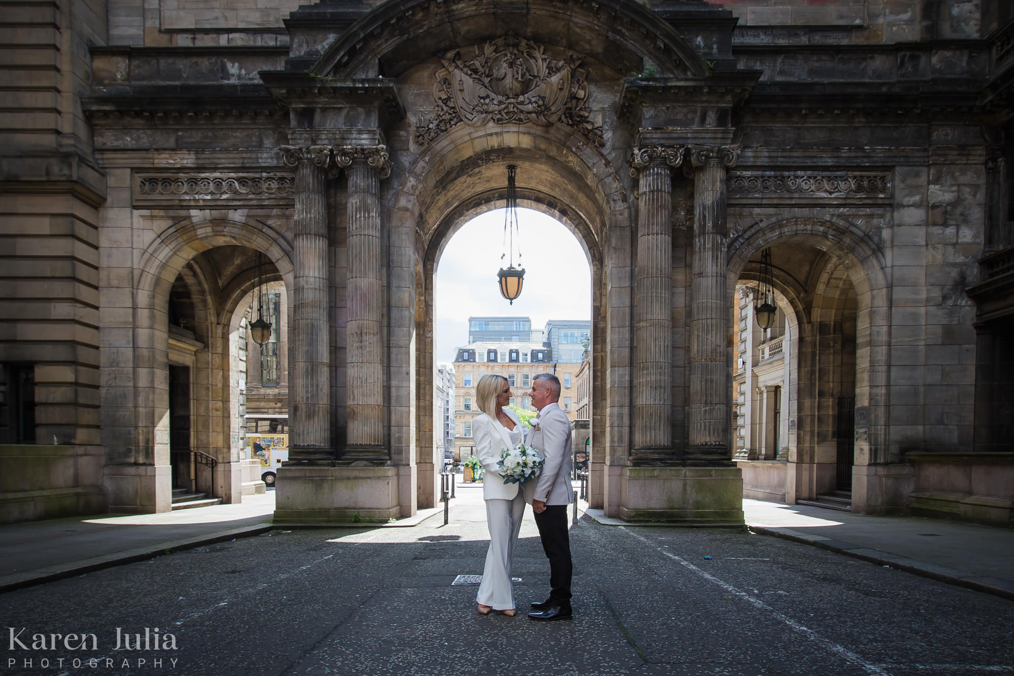 bride and groom portrait in John Street in the city chambers