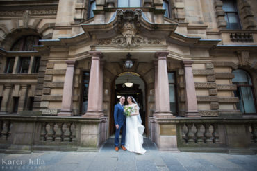 bride and groom portrait outside 23 Montrose Street on their wedding day