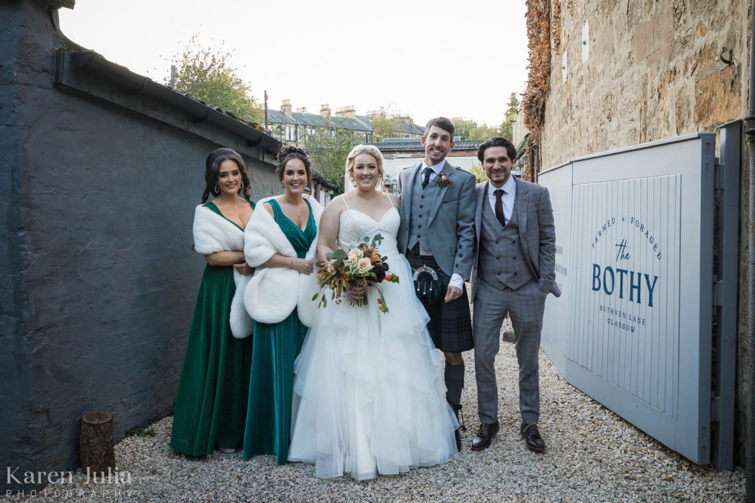 wedding party group photo at the bothy