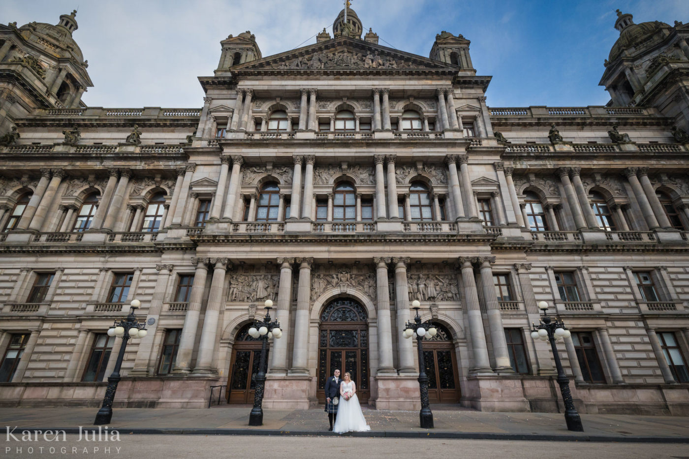 bride and groom wedding day portrait outside Glasgow City Chambers